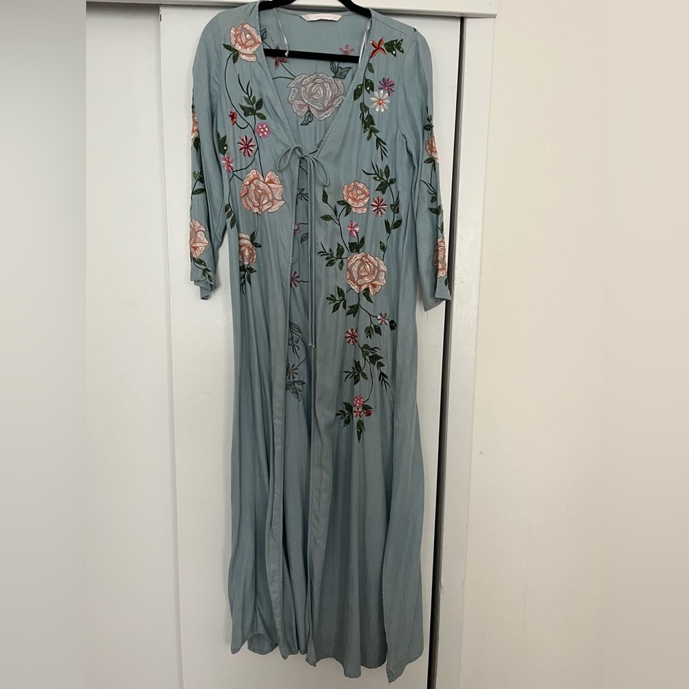 Zara blue embroidered jacket/cardigan, size small. Tie closure and 3 buttons